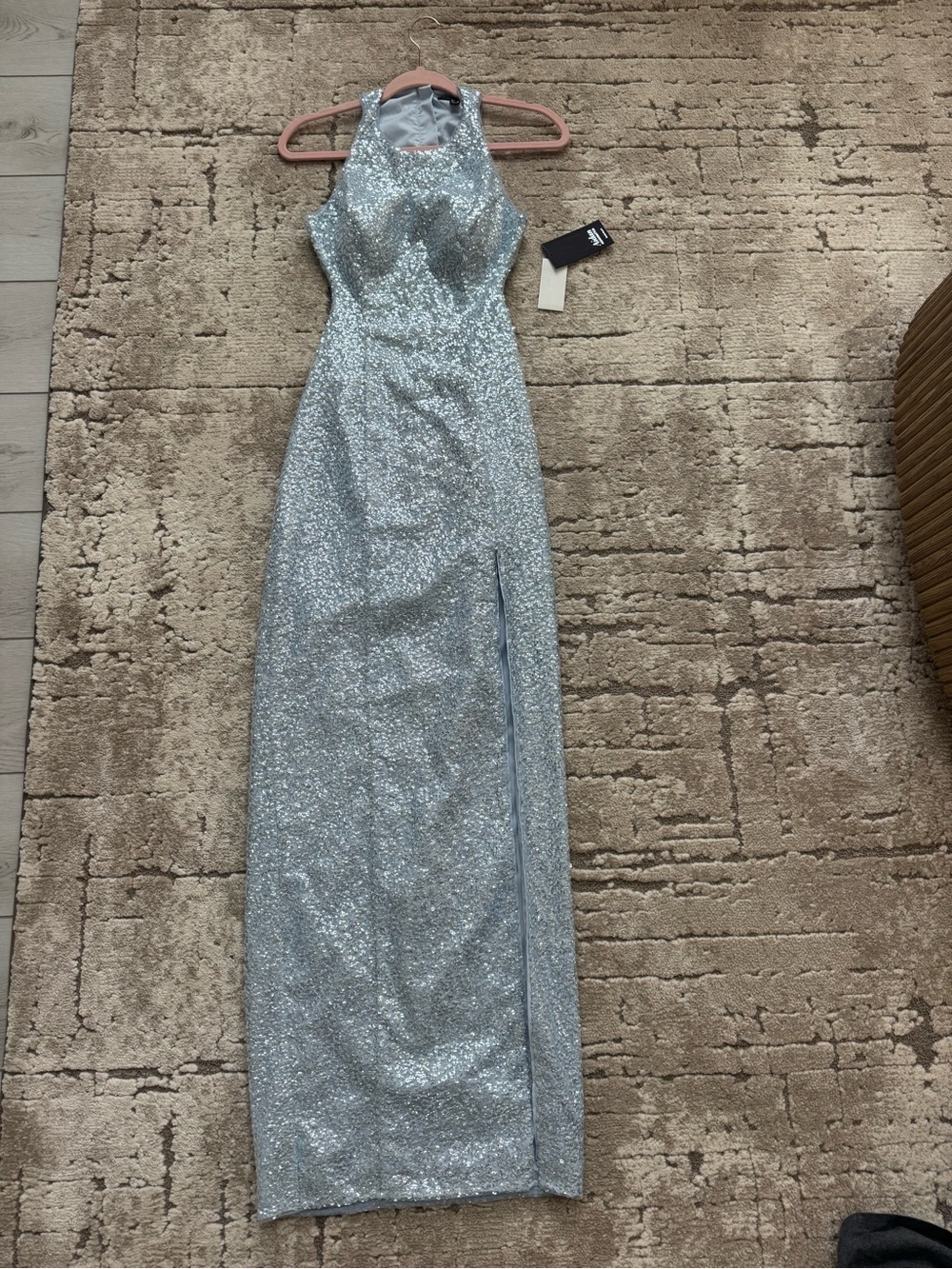 Aidan by Aidan Mattox Silver Sequin Halter Maxi Dress